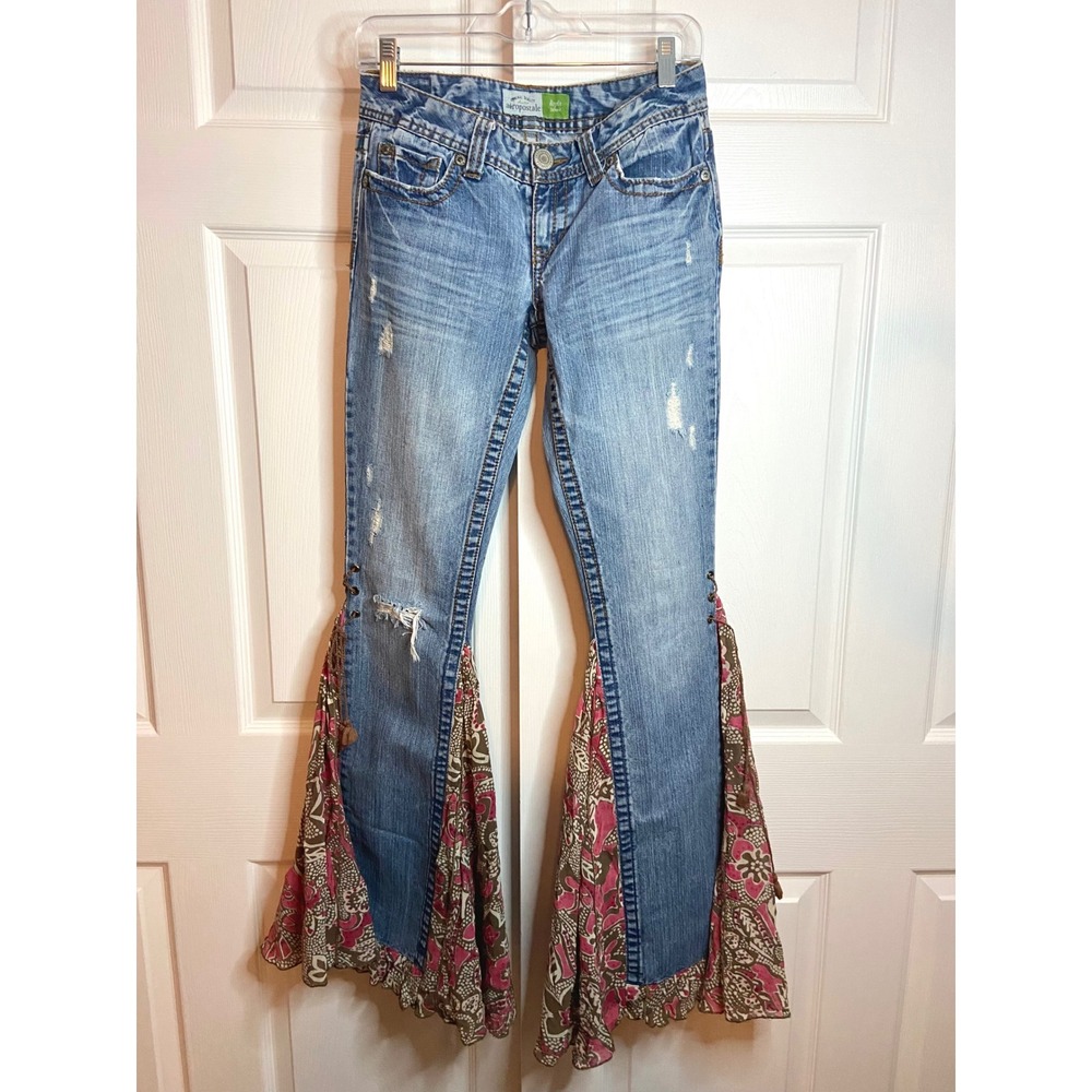 Aeropostale Bayla Custom Boho Upcycle Flare Bell Bottom Jeans Pink Paisley 1/2 L